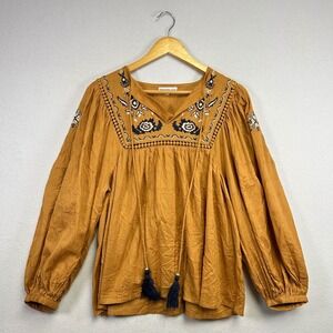 Crosstree Lane Embroidered Tassel Peasant Blouse Women's Size M Mustard‎ Yellow